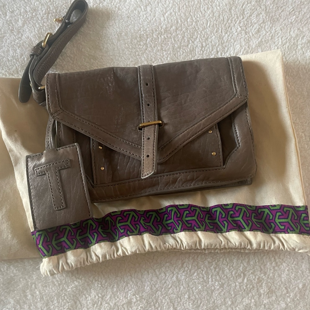 Tory Burch taupe leather clutch wristlet